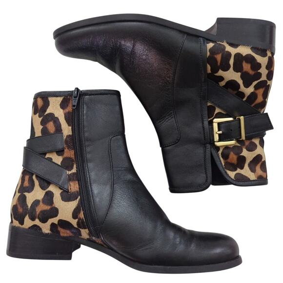 Black Leather & Leopard Print Side Zip Ankle Booties Calf Fur Women's Size 6 EUC - Picture 1 of 8